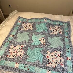 Handmade nautical infant/toddler Quilt with Blue and White Patterns